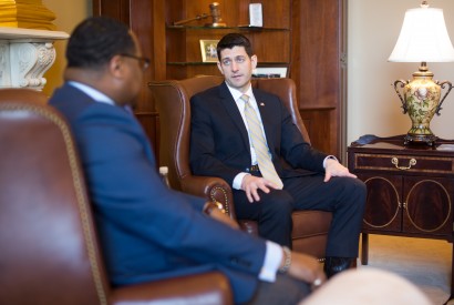 Pastor Lawrence Kirby, left, speaks with House Speaker Paul Ryan during a visit to Capitol Hill. Joseph Molieri/Bread for the World.