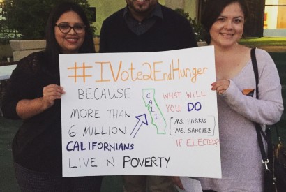 At Bread for the World’s social media booth, participants were invited to use social media to ask California candidates for U.S. Senate Kamala Harris (D) and Loretta Sanchez (D) what they would do to end hunger. Robin Stephenson/Bread for the World.