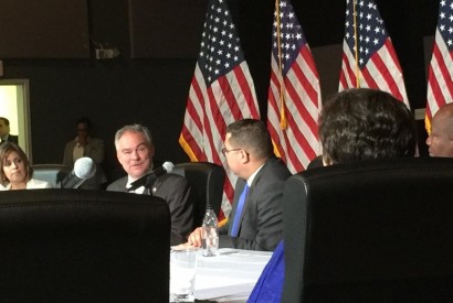 Democratic vice presidential candidate Sen. Tim Kaine, left, and Rev. Gabriel Salguero, right during meeting with religious leaders. Photo courtesy of National Latino Evangelical Coalition.