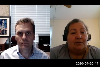 Dr. Larry Greenblatt, left, interviewed by Rosa Saavedra, an organizer at Bread for the World. 