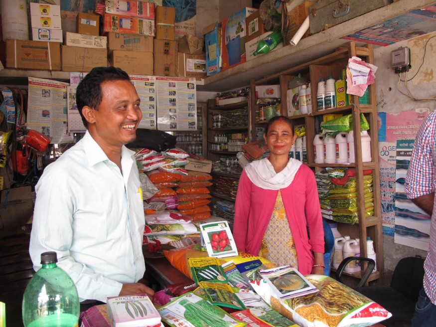 Jokhan Chaudhary, left, is the proprietor of Milan Agrovet, an agricultural retailer in Nepal and a grantee of KISAN I. Jordan Teague/Bread for the World Institute. 