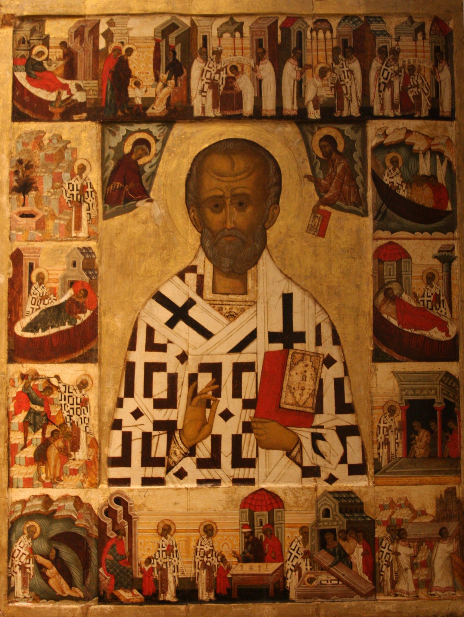 Russian icon depicting St. Nicholas with scenes from his life. Late 1400s or early 1500s. (Wikimedia Commons)