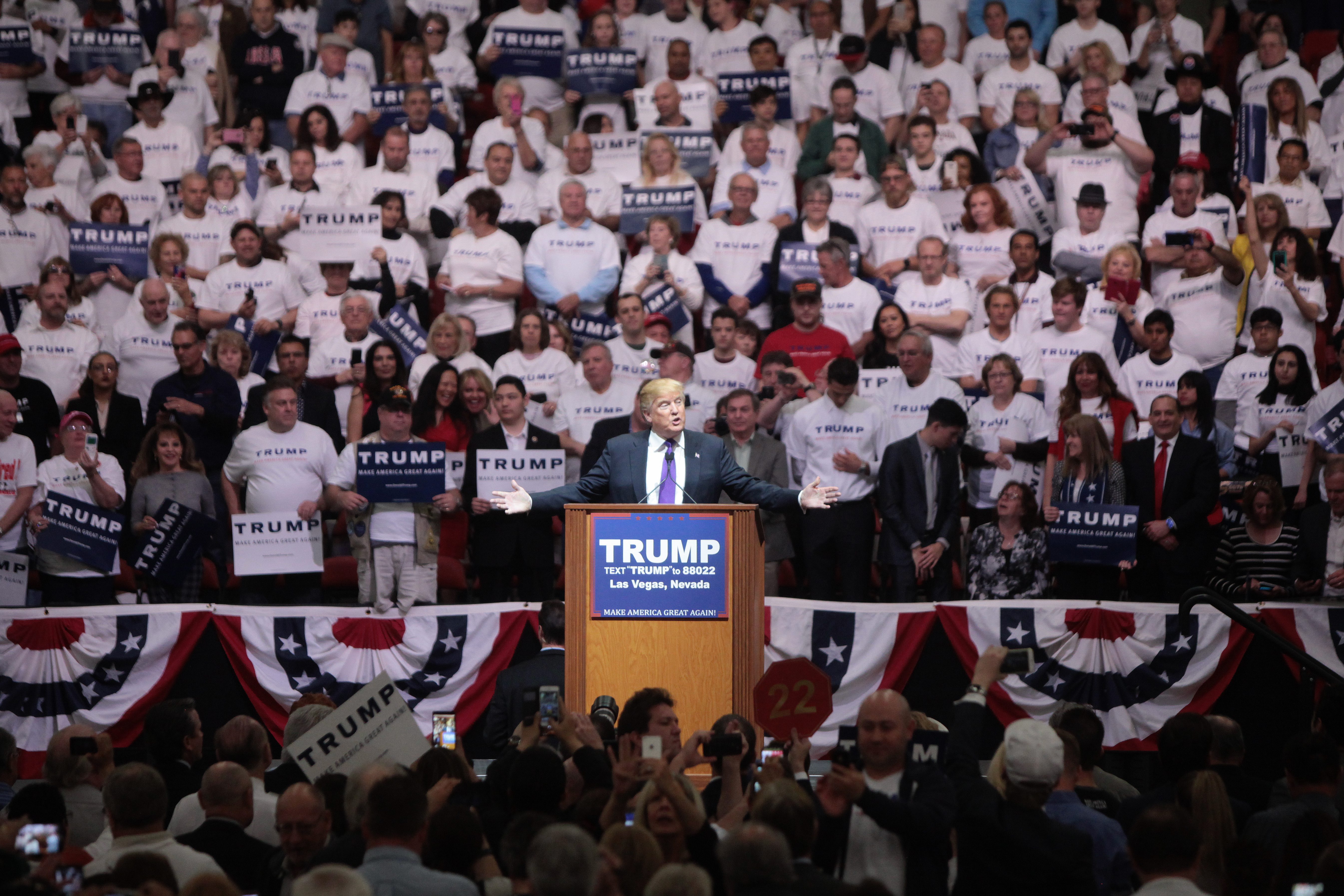 Donald Trump speaking with supporters at a campaign rally at the South Point Arena in Las Vegas, Nevada. Gage Skidmore/Wikimedia Commons.