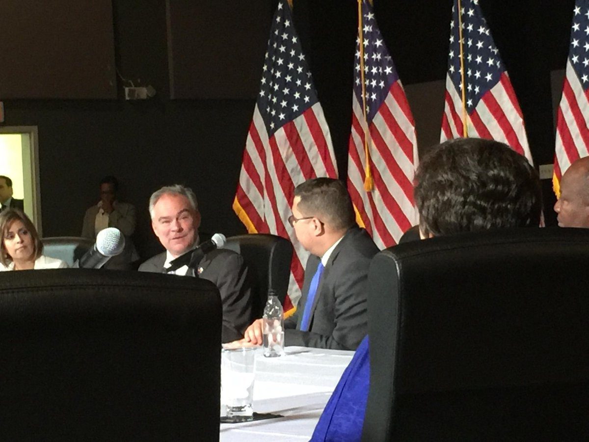 Democratic vice presidential candidate Sen. Tim Kaine, left, and Rev. Gabriel Salguero, right during meeting with religious leaders. Photo courtesy of National Latino Evangelical Coalition.