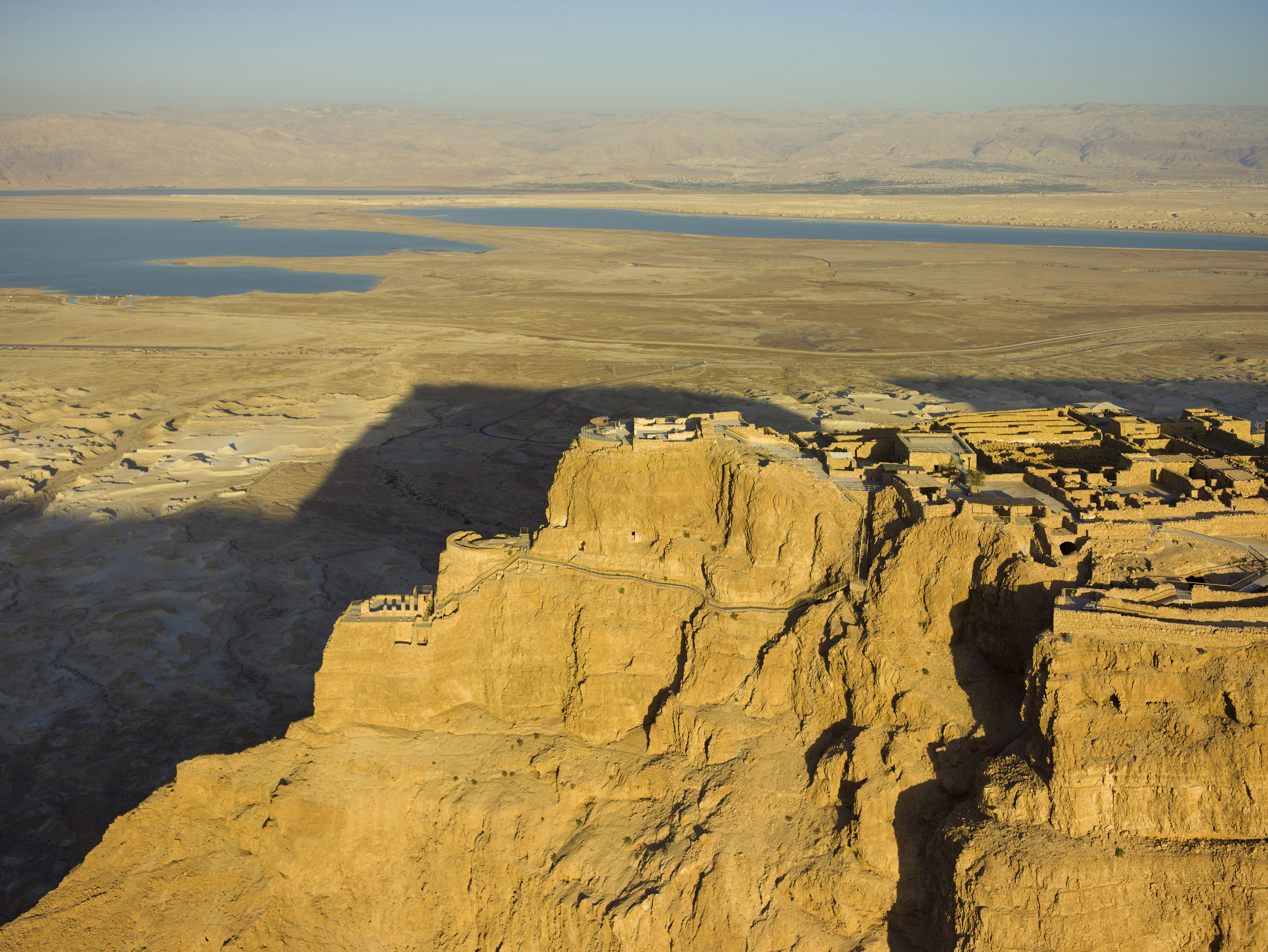 Masada is a rugged natural fortress in the Judaean Desert in Israel overlooking the Dead Sea. Wikimedia Commons.
