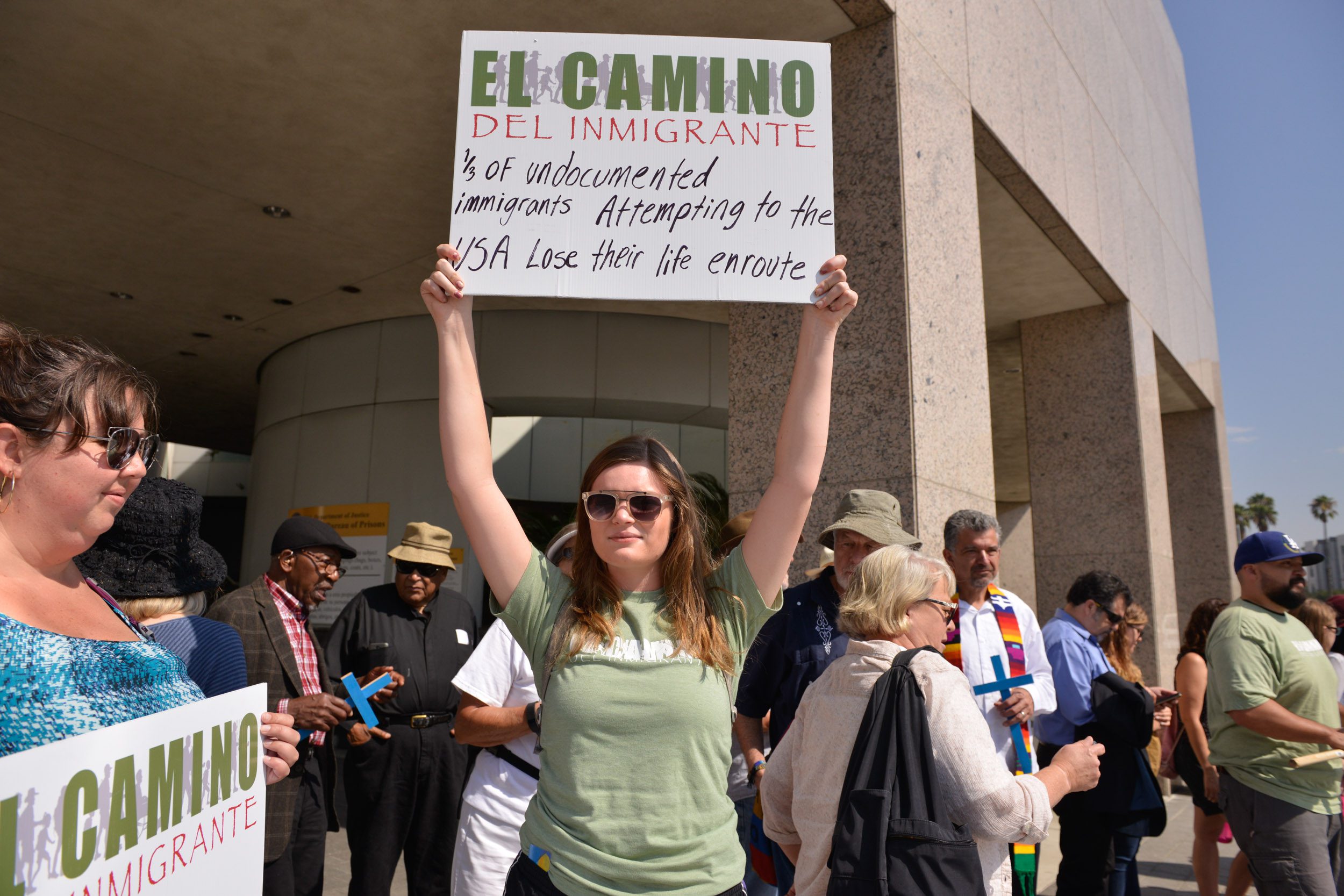 Participants of the El Camino, a 150-mile walk to draw attention to the immigration crisis in the U.S., attend a rally at the Detention Center in downtown Los Angeles. Buddy Bleckley for Bread for the World.