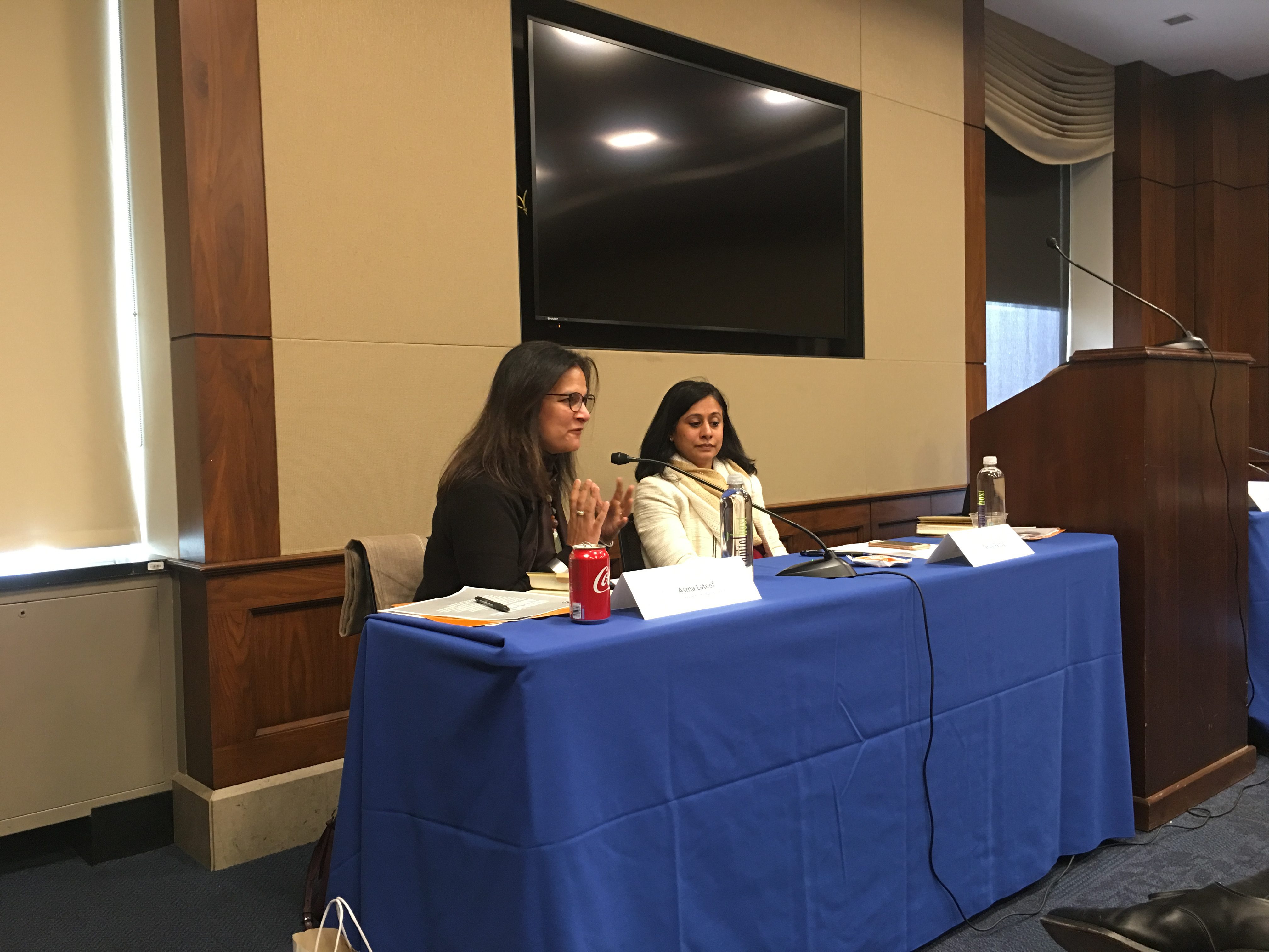Asma Lateef, Bread for the World Institute director, on left, speaking at the congressional briefing. Jordan Teague/Bread for the World Institute.