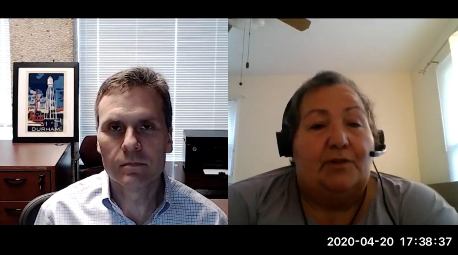 Dr. Larry Greenblatt, left, interviewed by Rosa Saavedra, an organizer at Bread for the World.